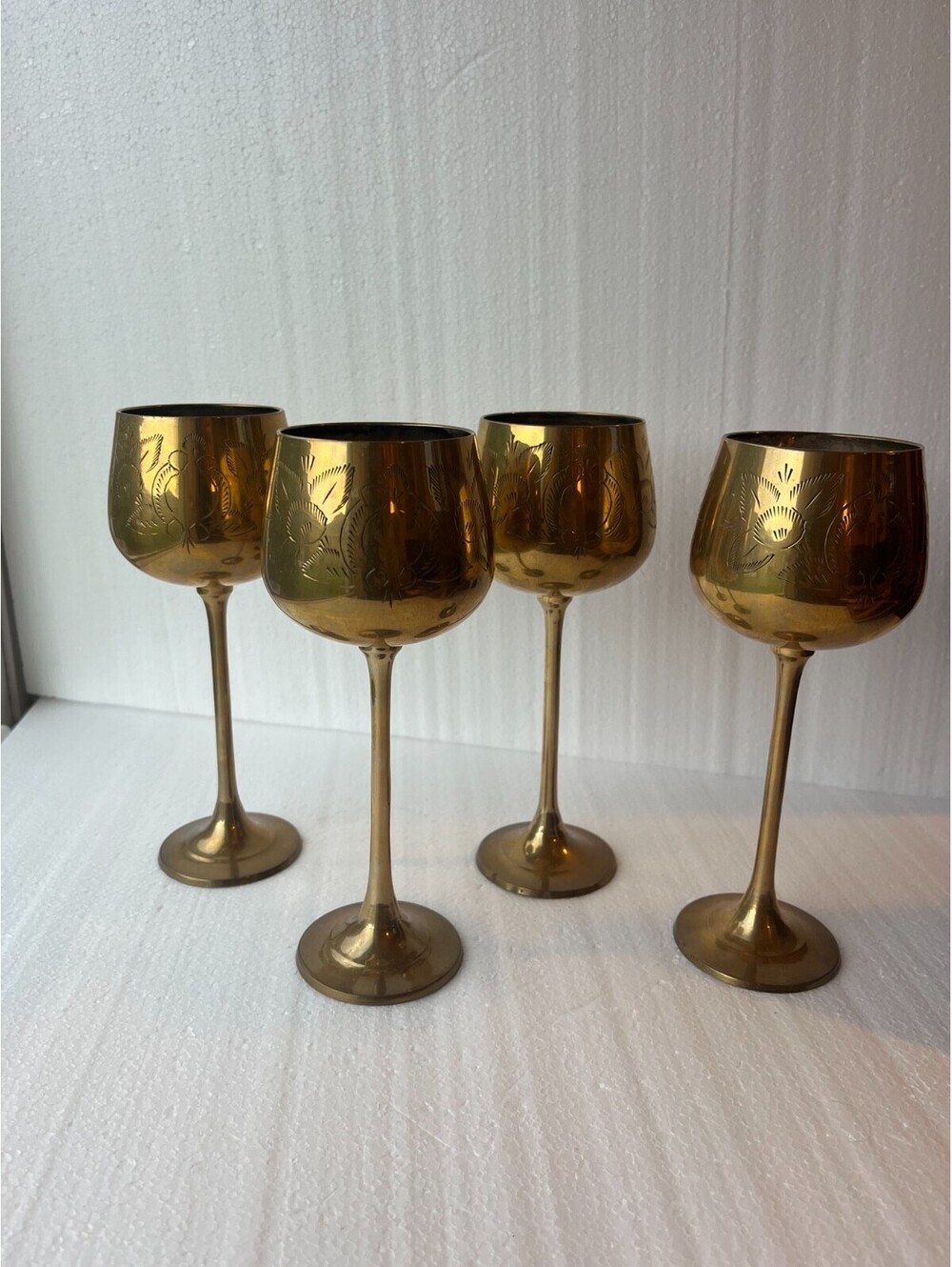 Vintage Set of 4 Brass Goblets Etched Floral Wine Cups Made in India 1970s 80s